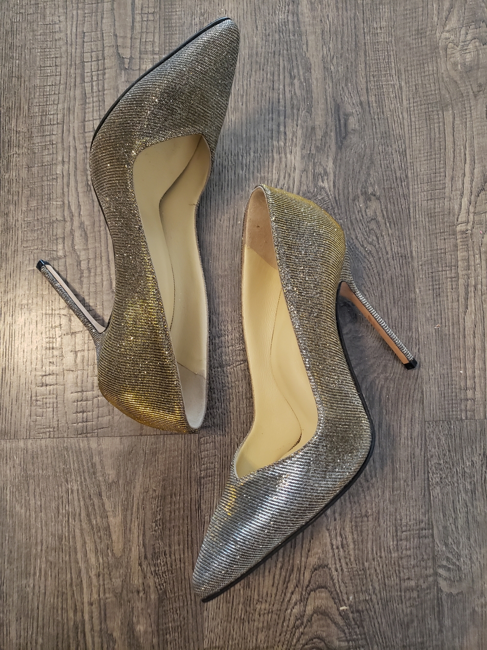 Sarah Flint Silver Glitter Pointed Toe Stilettos with Gold Edge